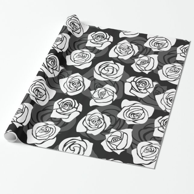 Modern Chic Black and White Rose Flower Pattern Wrapping Paper (Unrolled)