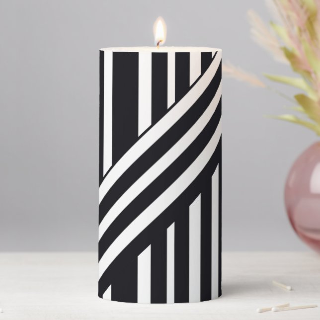 Modern Chic Black And White Striped Artsy Art Form Pillar Candle (In Situ)