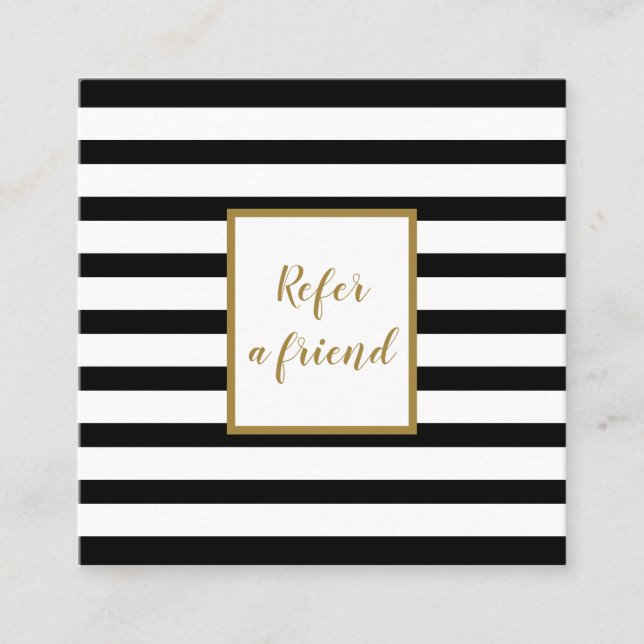 Modern Chic Black and White Striped Gold Script Referral Card (Front)