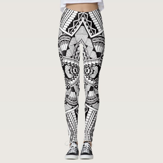 Modern Chic Black and White Tribal Tattoo Pattern Leggings (Front)