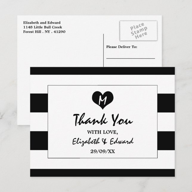 Modern Chic Black and White Wedding Thank You Postcard (Front/Back)