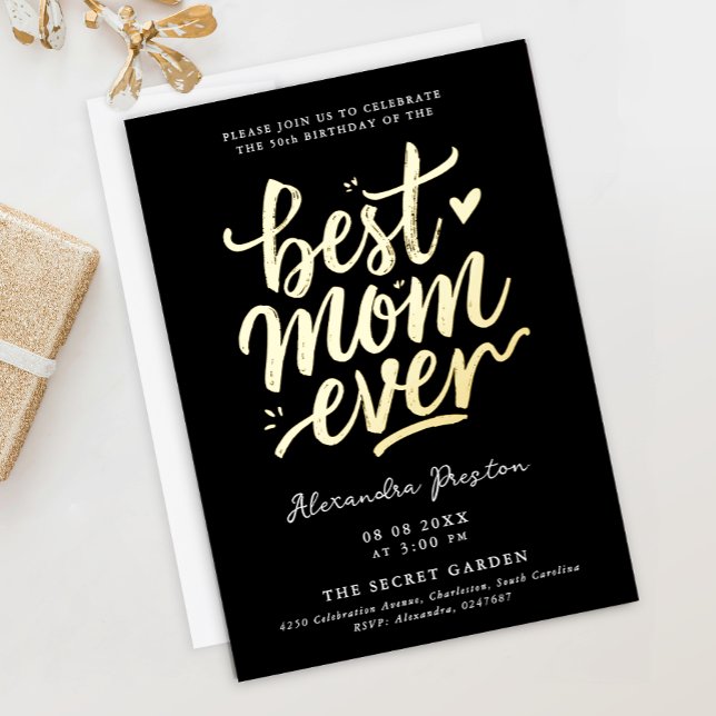 Modern Chic Black Best Mom 50th Gold Brush Script Foil Invitation (Creator Uploaded)