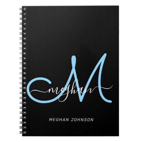 Modern Chic Black Blue Script Monogrammed Notebook