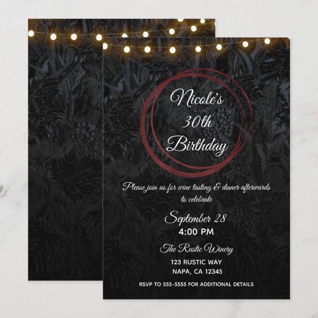 Modern Chic Black & Burgundy Red Wine Rings Party Invitation (Front/Back)