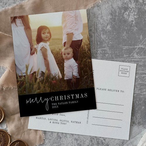 Modern Chic  Black Christmas Photo Year in Review Holiday Postcard