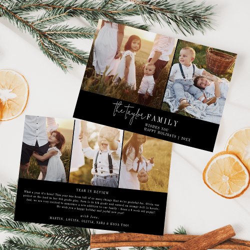 Modern Chic Black Family Photo Collage Newsletter Holiday Card