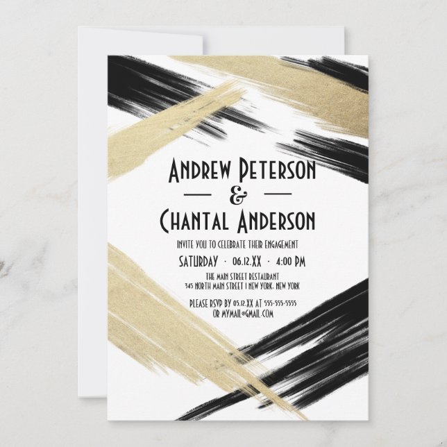 Modern Chic Black Gold Brushstroke Engagement Invitation (Front)