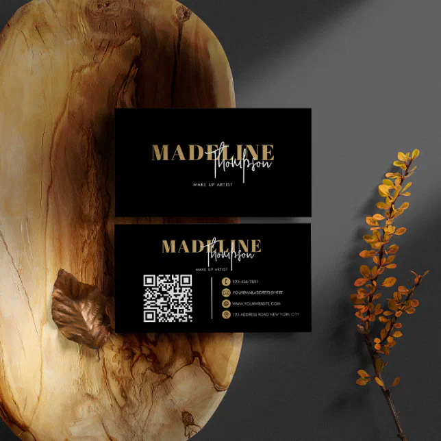 Modern Chic Black Gold Feminine QR Code Business Card | Zazzle