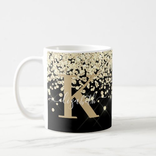 Modern Chic Black Gold Glitter Diamond Monogrammed Coffee Mug