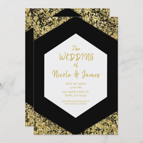 Modern Chic Black Gold Glitter Flakes Glam Wedding Invitation