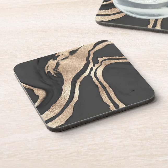 Modern Chic Black Gold Painted Abstract Marble Beverage Coaster (Left Side)