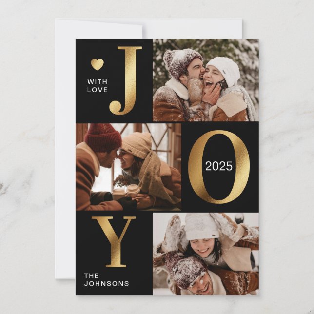 Modern Chic Black Gold Photo Collage Joy Christmas Holiday Card (Front)