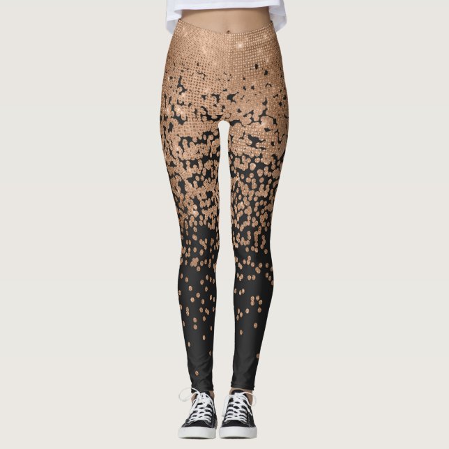Modern Chic Black Gold Polka Dot Black Confetti Leggings (Front)