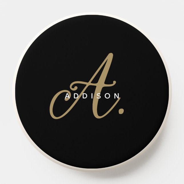 Modern Chic Black Gold Script Monogram PopSocket (Popsocket)