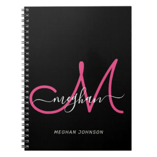 Modern Chic Black Hot Pink Script Monogrammed Notebook