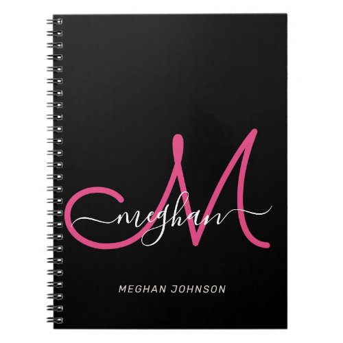 Modern Chic Black Hot Pink Script Monogrammed Notebook