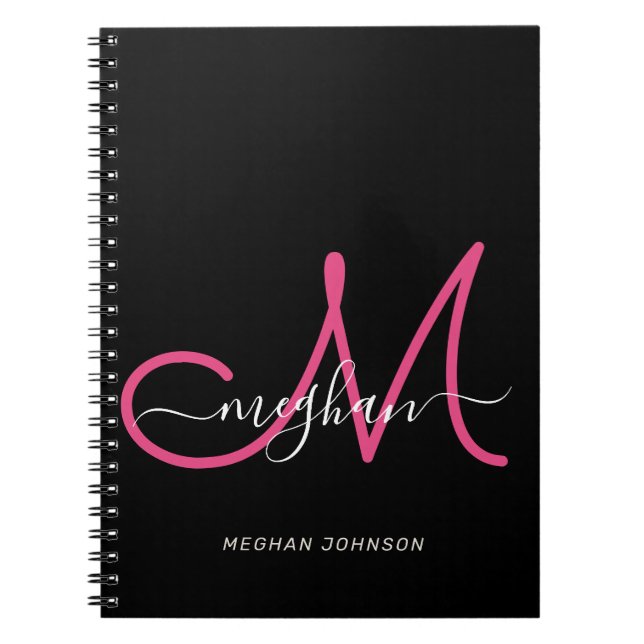 Modern Chic Black Hot Pink Script Monogrammed Notebook (Front)