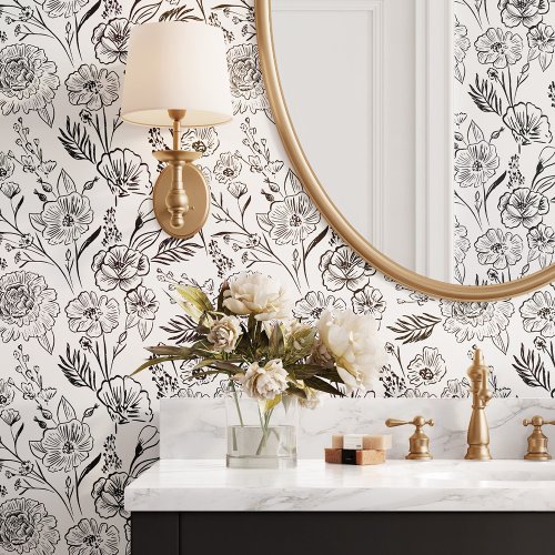 Modern Chic Black Line Art Floral Foliage Pattern Wallpaper