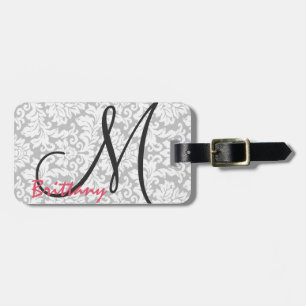 Modern Chic Black Monogram on Gray Damask Luggage Tag