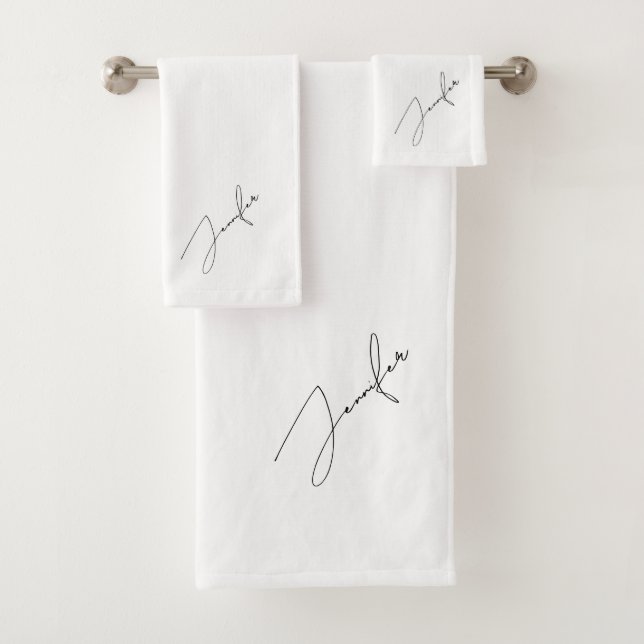 Modern Chic Black Name Script White Bath Towel Set (Insitu)