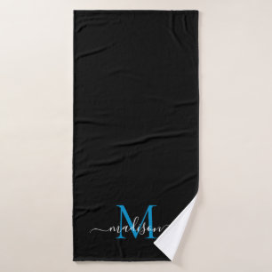 Modern Chic Black Ocean Blue Monogram Script Name Bath Towel