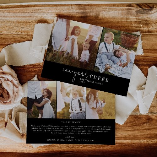 Modern Chic  Black Photo Collage New Year News Holiday Card