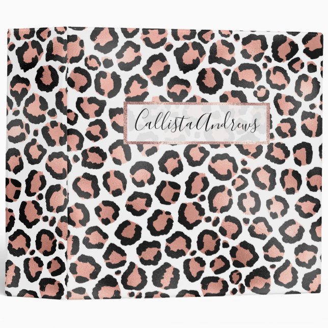 Modern Chic Black Rose Gold Foil Leopard Print 3 Ring Binder (Front/Spine)