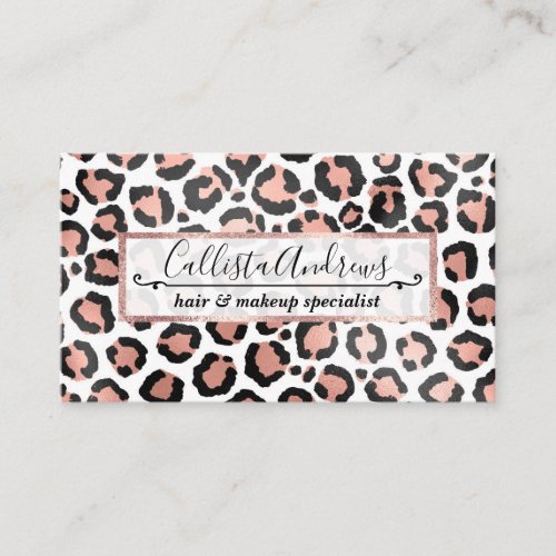 Modern Chic Black Rose Gold Foil Leopard Print Business Card