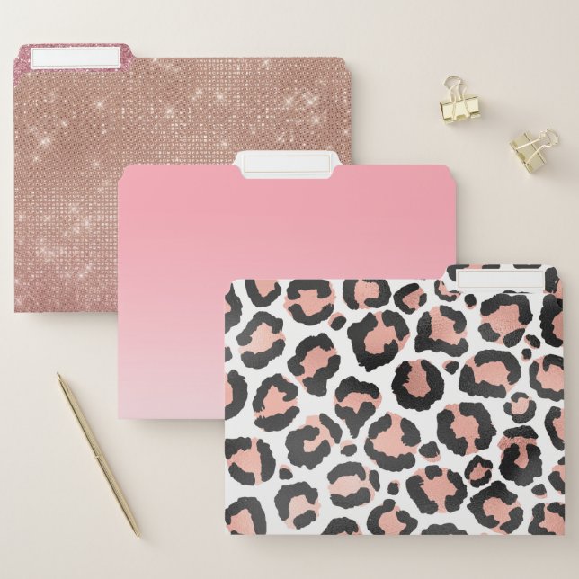 Modern Chic Black Rose Gold Foil Leopard Print File Folder (Set)