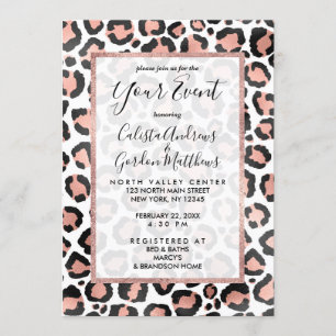 Modern Chic Black Rose Gold Foil Leopard Print Invitation