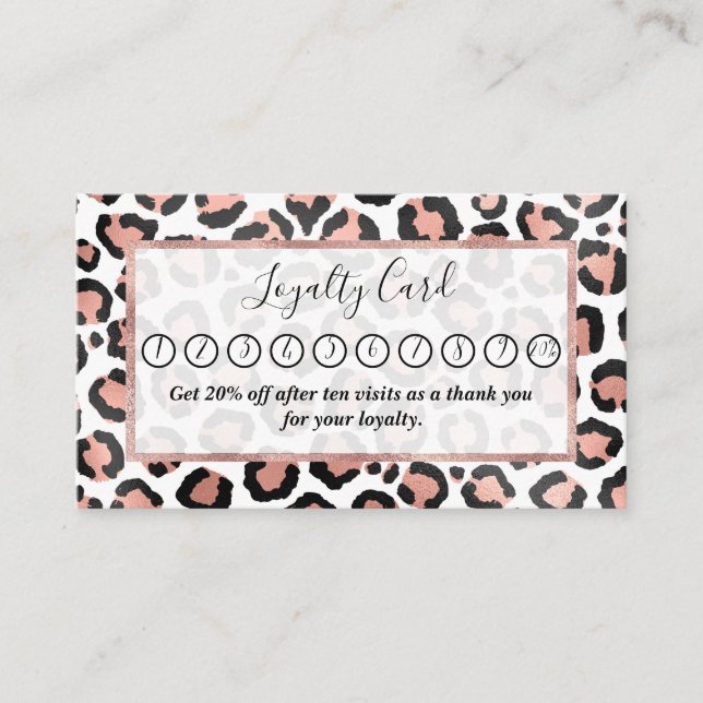 Modern Chic Black Rose Gold Foil Leopard Print Loyalty Card (Front)