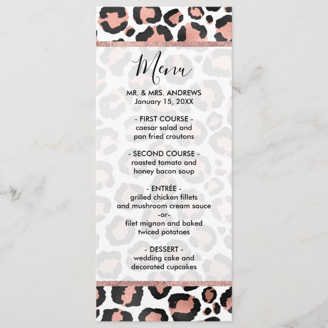 Modern Chic Black Rose Gold Foil Leopard Print Menu (Front)