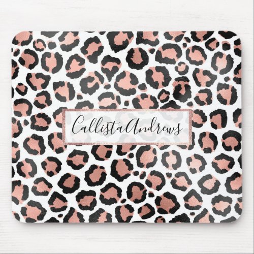 Modern Chic Black Rose Gold Foil Leopard Print Mouse Pad