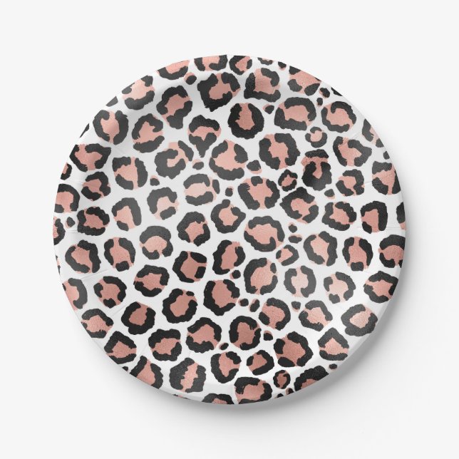 Modern Chic Black Rose Gold Foil Leopard Print Paper Plates (Front)