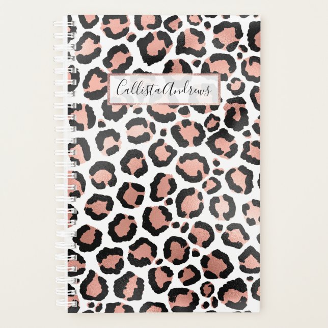 Modern Chic Black Rose Gold Foil Leopard Print Planner (Front)