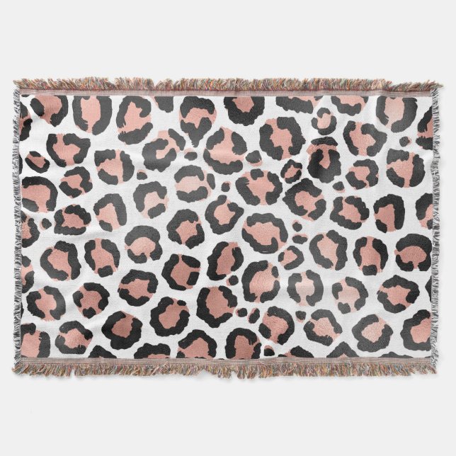 Modern Chic Black Rose Gold Foil Leopard Print Throw Blanket (Front)
