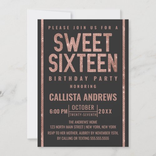 Modern Chic Black Rose Gold Glitter Frame Sweet 16 Invitation