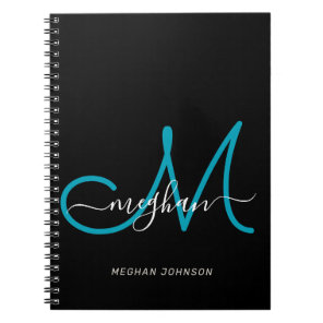 Modern Chic Black Teal Script Monogrammed Notebook