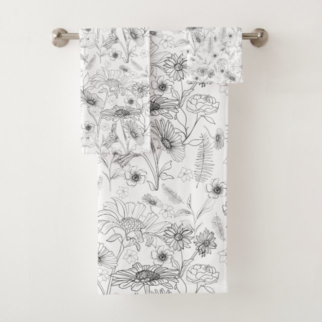 Modern chic black white daisy flower pattern bath towel set (Insitu)
