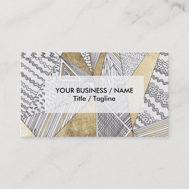 Modern chic black white faux gold geometrical business card (Front)