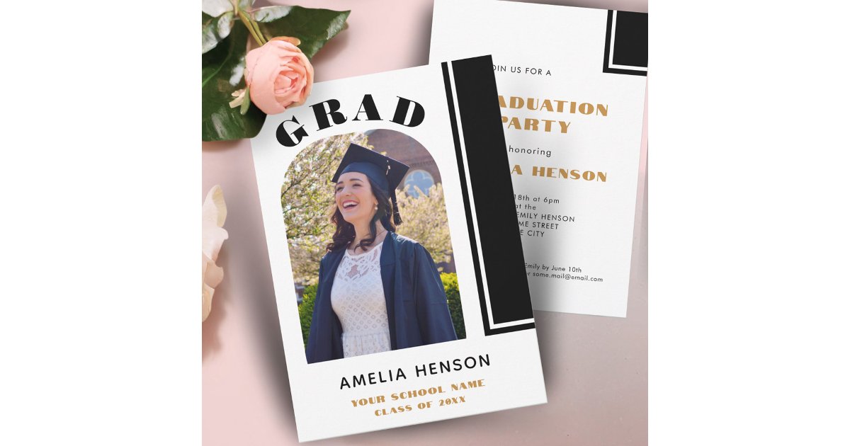Modern Chic Black White Grad Photo Graduation Invitation | Zazzle