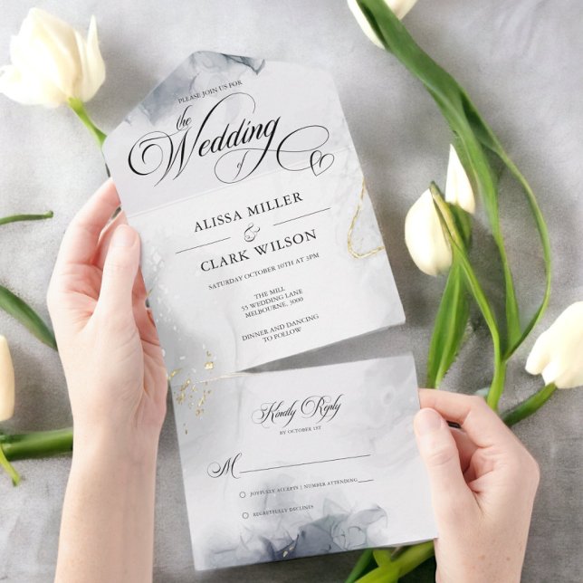 Modern Chic Black & White Grey Gold Watercolour All In One Invitation (Creator Uploaded)