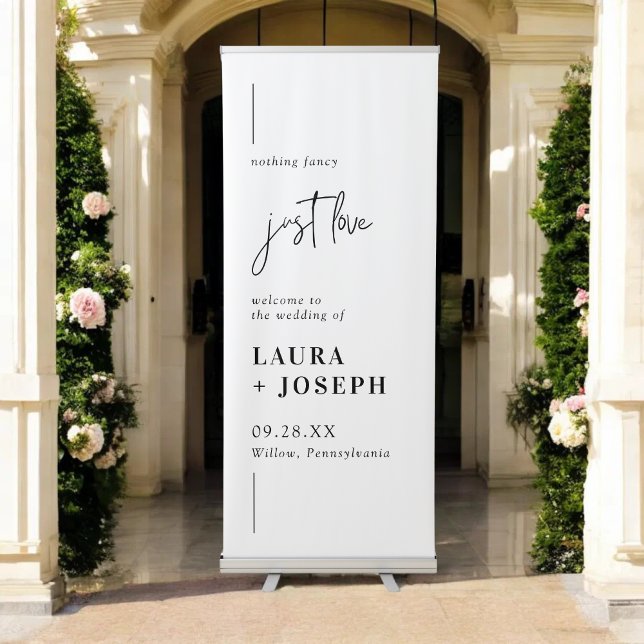 Modern Chic Black White Just Love Wedding Welcome Retractable Banner (Creator Uploaded)