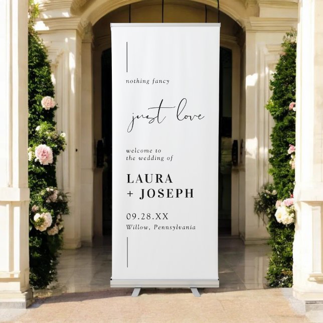 Modern Chic Black White Just Love Wedding Welcome Retractable Banner (Creator Uploaded)