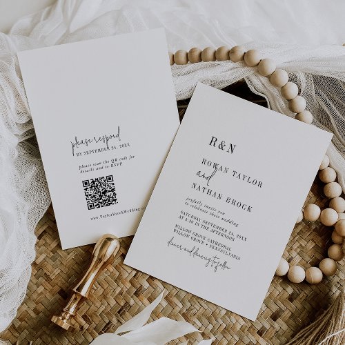 Modern Chic Black White Monogram QR Code Wedding Invitation