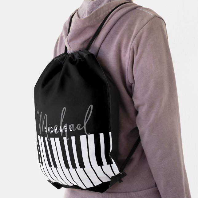 Modern Chic Black & White Piano Keyboard Monogram Drawstring Bag (Insitu)