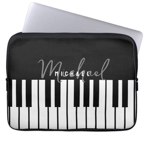 Modern Chic Black  White Piano Keyboard Monogram Laptop Sleeve