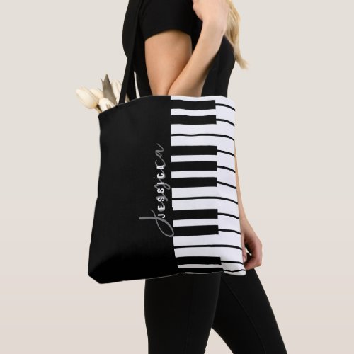 Modern Chic Black  White Piano Keyboard Monogram Tote Bag