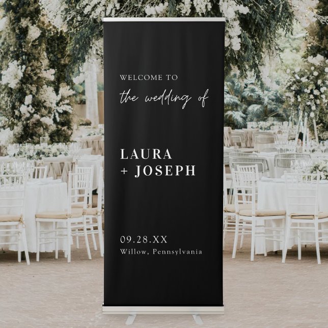 Modern Chic Black White Script Wedding Welcome Retractable Banner (Modern chic black white script banner adds a stylish, welcoming touch to your wedding.)
