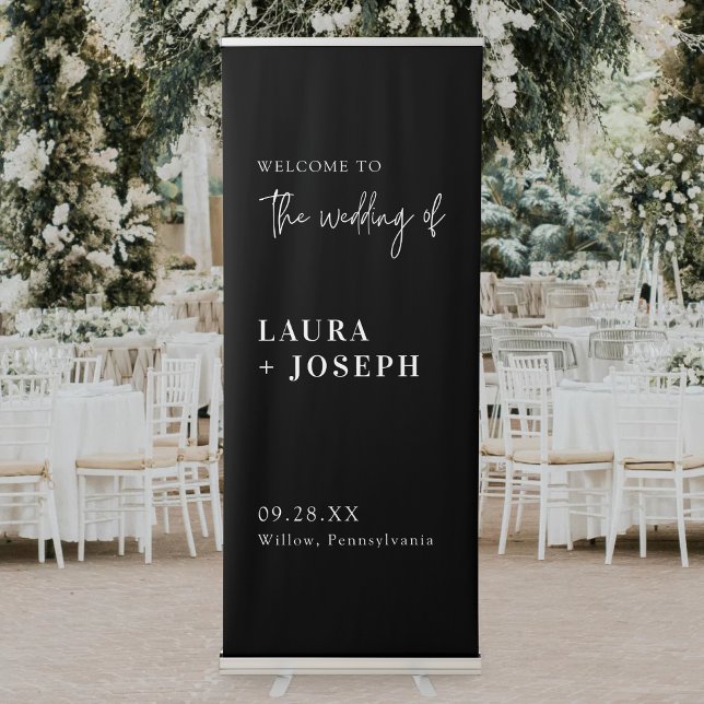 Modern Chic Black White Script Wedding Welcome Retractable Banner (Creator Uploaded)